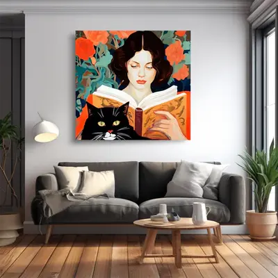 Reading in Bloom - Lady with Cat and Roses