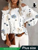 Plus Size Floral Print Frill Shirred Off Shoulder Long Sleeve Blouse, Lady Bohemian Casual Soft Batwing Sleeve T-shirt Top fo...