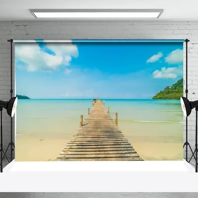 Wooden Bridge Beach Blue Sea Mountain Photo Backdrop - Aperturee