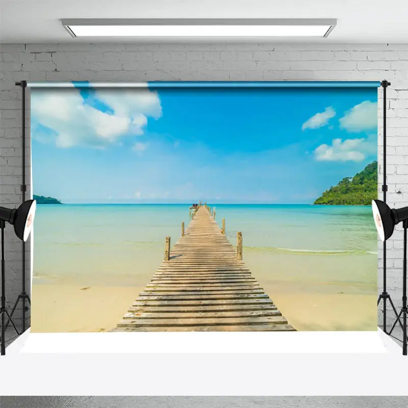 Wooden Bridge Beach Blue Sea Mountain Photo Backdrop - Aperturee