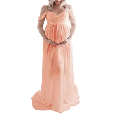 Maternity Dress for Photography Solid Color Off-Shoulder Chiffon Gown Front Split Long Pregnancy Dresses for Photoshoot