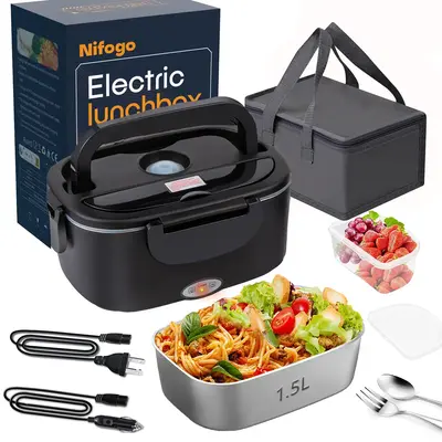 Electric Lunch Box 80W Food Warmer 12/24V Portable Heated Lunch Box with Fork & Spoon, Insulated  Bag, BPA Free, Leak-Proof, ...