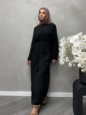 Women's Solid Color Knot Front Long Sleeve Dress, Modest Round Neck Long Dress for Daily Wear, Ladies Islamic Clothing for Al...