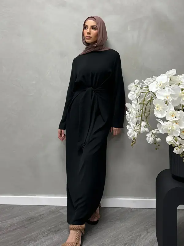 Women's Solid Color Knot Front Long Sleeve Dress, Modest Round Neck Long Dress for Daily Wear, Ladies Islamic Clothing for Al...