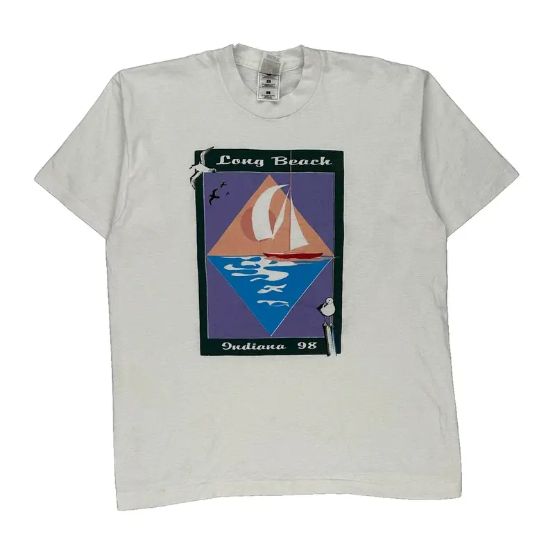 Long Beach Indiana 98 Fruit Of The Loom Graphic T-Shirt - Large White Cotton Blend