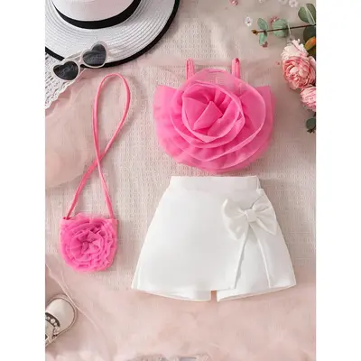 3pcs Toddler Girl Fashion Mesh Large Flower Strap Top + Bow Short Skirt + Decorative Baby Summer Casual Sweet Set