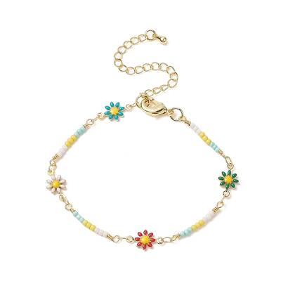 Brass Flower Link Chain Bracelet with Seed Beaded for Women