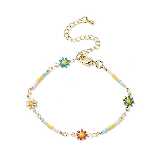 Brass Flower Link Chain Bracelet with Seed Beaded for Women