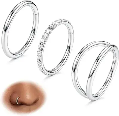 BodyBonita 3 Counts 316L Surgical Steel Double Hoop Nose Rings -16G/18G/20G Nose Rings Hoops Hinged CZ Septum Lip Rings Click...