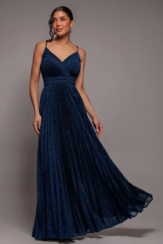 Goddiva Sleeveless Pleated A Line Lurex Maxi Dress - Navy Blue