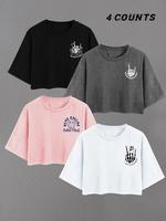 Women's Letter & Skeleton Hand Print Round Neck Tee, Casual Short Sleeve T-shirt for Summer, Ladies Clothes for Daily Wear, S...