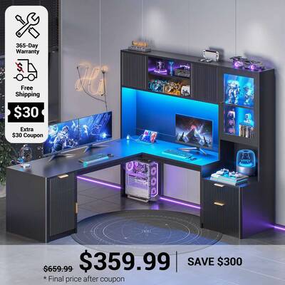 SEDETA | 67 Inch Fluted Computer Desk L Shaped Gaming Desk with Power Outlets RGB LED Glass Display Hutch File Drawer Storage...