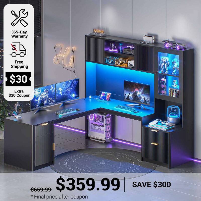 SEDETA | 67 Inch Fluted Computer Desk L Shaped Gaming Desk with Power Outlets RGB LED Glass Display Hutch File Drawer Storage...