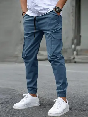 Men's Solid Flap Pocket Drawstring Waist Cargo Pants, Regular Fit Casual Street Jogger Pants for Daily Wear, Men's Casual Str...