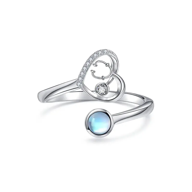 Sterling Silver Cubic Zirconia & Moonstone Heart & Stethoscope Open Ring