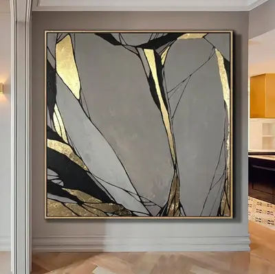 Abstract Painting On Canvas Gray Painting Gold Leaf Painting | MIRROR BLOOM