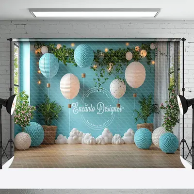 Blue Balloons Greenery Clouds Cake Smash Backdrop - Aperturee