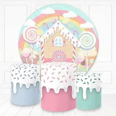 Aperturee Creamy Candy House And Rainbow Round Birthday Backdrop Kit | Circular Birthday Backdrop Cover | Circle Party Backdr...