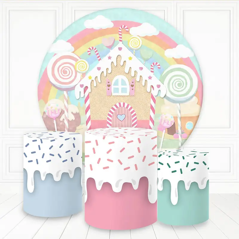 Aperturee Creamy Candy House And Rainbow Round Birthday Backdrop Kit | Circular Birthday Backdrop Cover | Circle Party Backdr...