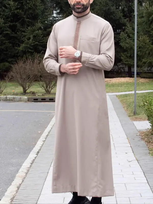 Men's Embroidered Mock Neck Robe, Loose Casual Long Sleeve Robe, Traditional Muslim Clothing for Daily Wear