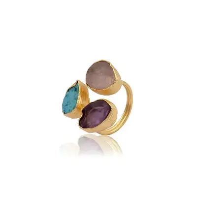 18k Gold-Plated Raw Rose Quartz, Blue Turquoise & Purple Amethyst Ring | Title: Title