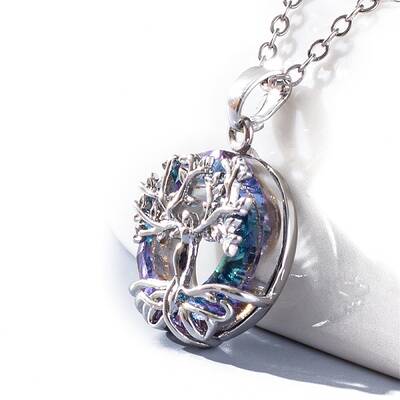 Brass Cubic Zirconia Flat Round with Tree of Life Pendant Cable Chain Necklaces for Women
