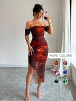 Women's All Over Print Off Shoulder Mesh Dress, Elegant Fashion Casual Dress for Party Club Dating Wear, Women Formal Dress f...