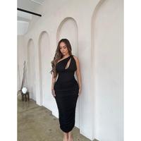 Lizette Ruched Bodycon Midi Dress- Black Formal Mesh Simple Womenswear Corset elegant wedding guest Soft