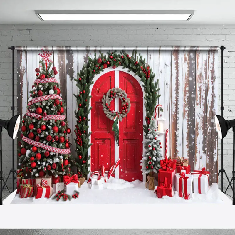Aperturee Vintage Wood Wreath Door Xmas Tree Gift Backdrop - Aperturee