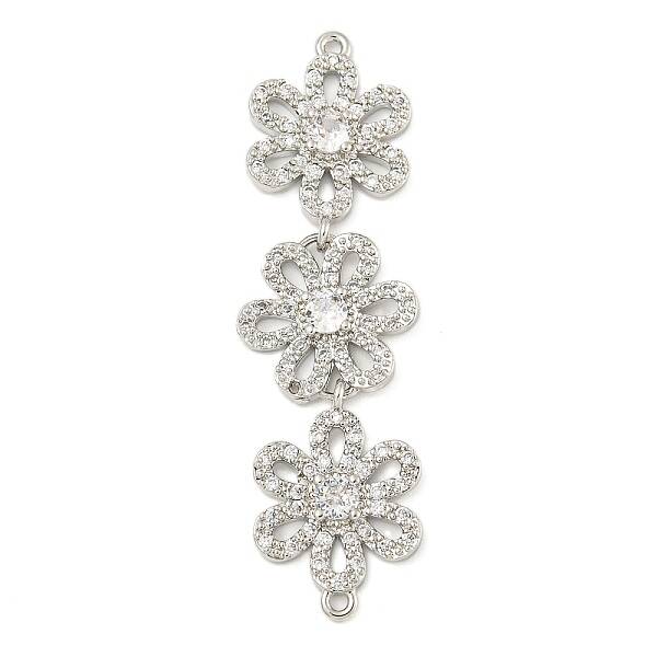 Brass Pave Clear Cubic Zirconia Three Flower Links Connector Charms
