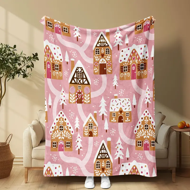 Gingerbread House Pattern Blanket, 1 Count Soft Comfortable Throw Blanket, Comfy Bedding for Home Office Travel Camping