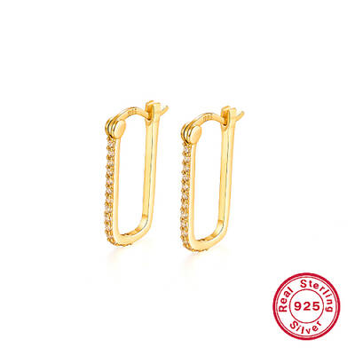 Geometric Rectangle 925 Sterling Silver Micro Pave Cubic Zirconia Hoop Earrings