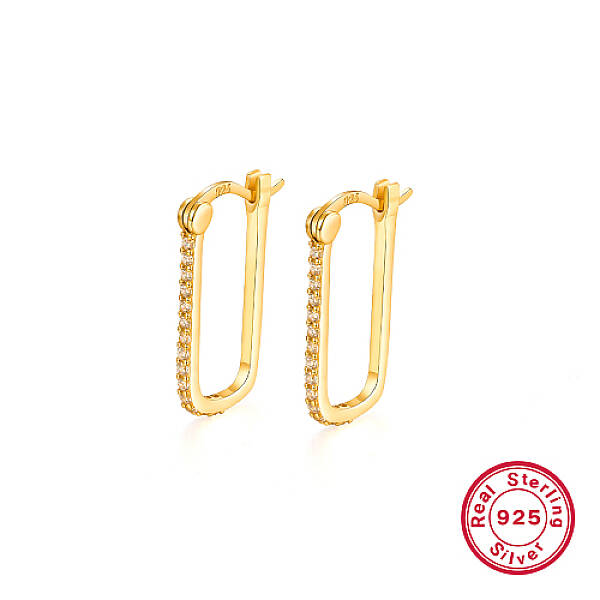 Geometric Rectangle 925 Sterling Silver Micro Pave Cubic Zirconia Hoop Earrings