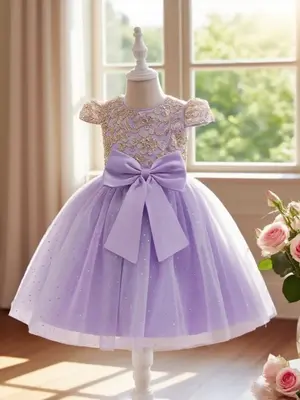 Girl's Bow Decoration Dress, Elegant Contrast Mesh A Line Dress for Party Performance Wedding Guest, Kids Clothes for All Sea...
