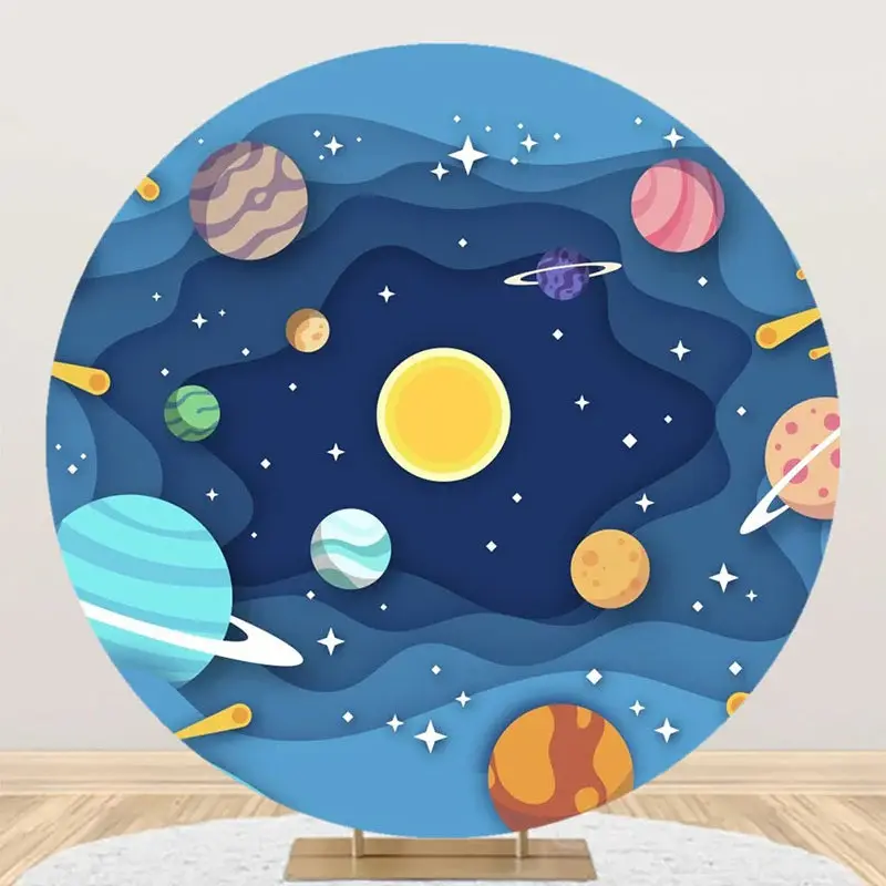 Blue Wavy Galaxy Planet Star Round Birthday Backdrop - Aperturee