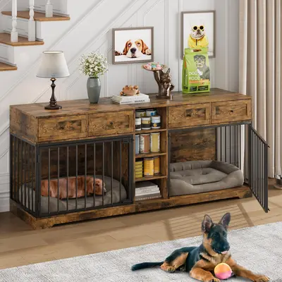 Garvee 82 Large Dog Crate for 2 Dogs, Dog Kennel Indoor with 4 Drawers and Shelves, Heavy Duty Double Dog Crate Furniture TV...