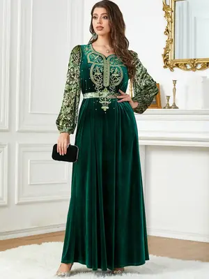 Arabic Clothing-Floral Embroidered Bead Decor Belted A Line Dress, Elegant Bishop Sleeve Maxi Dress for Party Wedding Guest, ...