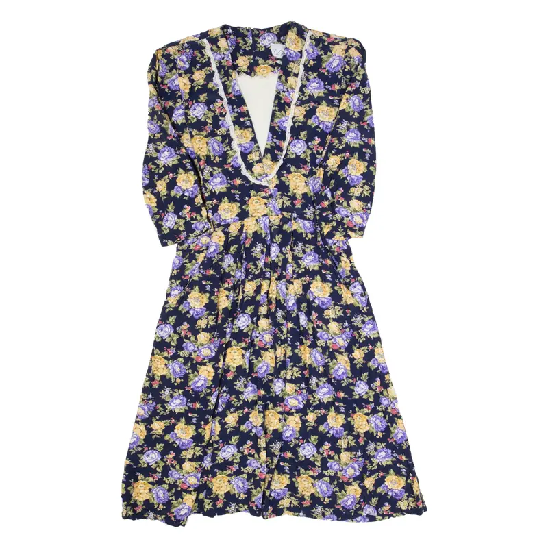 SL PETITES Womens A-Line Dress Black 90s Floral Long Sleeve Midi S