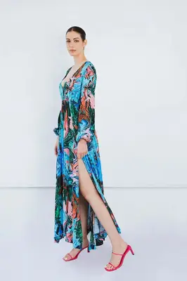 Jersey V Neck Maxi Dress in Paint Stroke Print | Size: 8/16UK