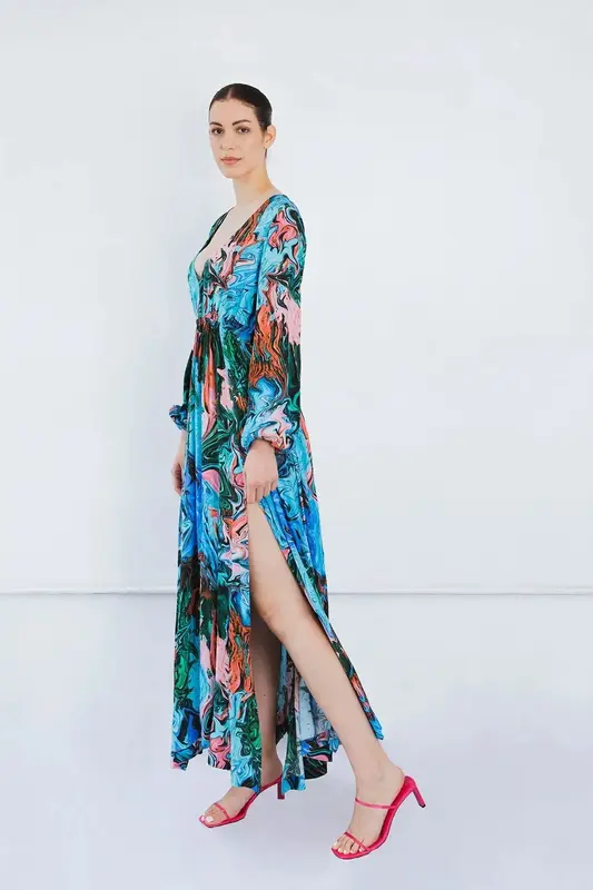 Jersey V Neck Maxi Dress in Paint Stroke Print | Size: 8/16UK