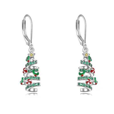 Sterling Silver Circular Shaped Cubic Zirconia Christmas Tree Lever-back Earrings