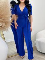 Women's Solid Belted Wrap Puff Sleeve High Waist Jumpsuit, Fitted Elegant Deep V Neck Straight Leg Evening Jumpsuit, Jumpsuit...