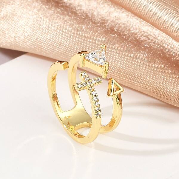 Cross & Triangle Brass Micro Pave Clear Cubic Zirconia Open Cuff Rings for Women