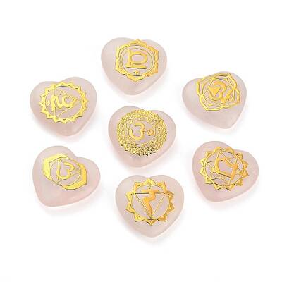 7Pcs 7 Styles Chakra Natural Rose Quartz Love Heart Ornaments Figurines