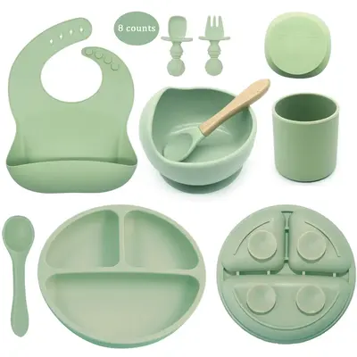 Solid Color Silicone Feeding Utensils, 8 Counts/set Soft Baby Spoon Fork & Bowl Set for Toddler, Durable Food Grade Baby Dinn...