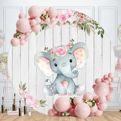Aperturee Pink Floral Elephant Round Baby Shower Backdrop