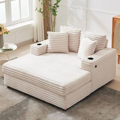 Garvee 60 Oversized Chaise Lounge Chair Indoor, Comfy Corduroy Lounge Sofa with Charging Station, Cup Holders & Throw Pillo...