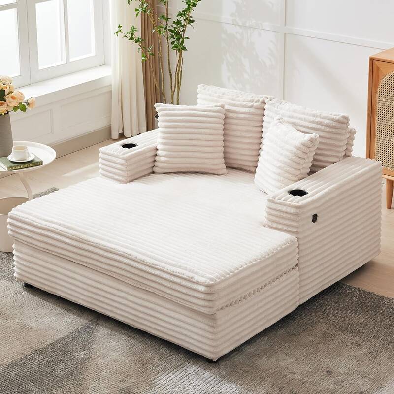 Garvee 60 Oversized Chaise Lounge Chair Indoor, Comfy Corduroy Lounge Sofa with Charging Station, Cup Holders & Throw Pillo...