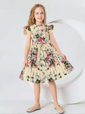 Girl's Floral Print Belted Pleated Dress, Elegant Butterfly Sleeve Round Neck A Line Dress for Party Holiday Wedding Guest, K...