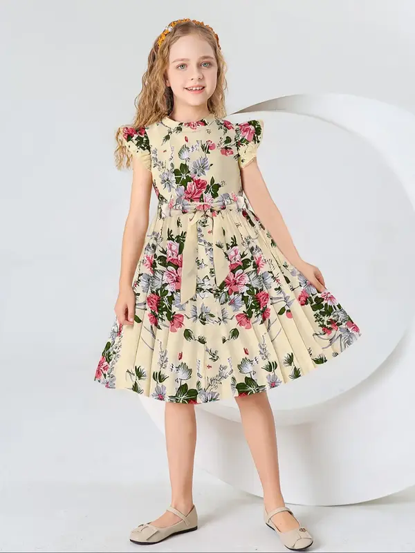 Girl's Floral Print Belted Pleated Dress, Elegant Butterfly Sleeve Round Neck A Line Dress for Party Holiday Wedding Guest, K...
